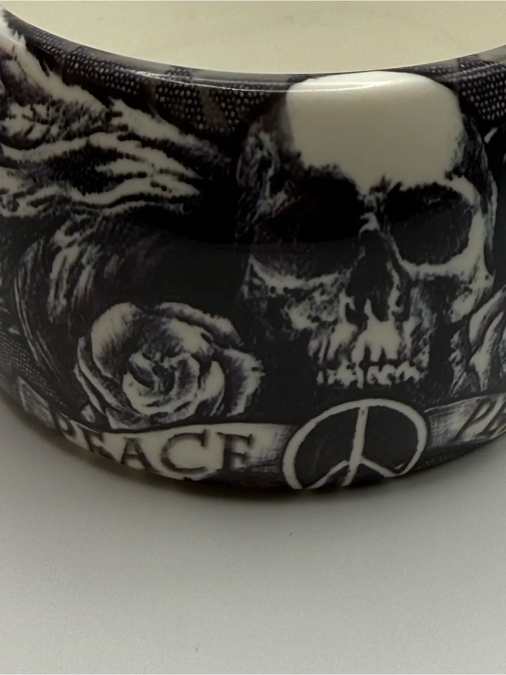 Ed Hardy Hope Peace Skull Rose Wide Bangle Bracelet Black White Y2K Tattoo